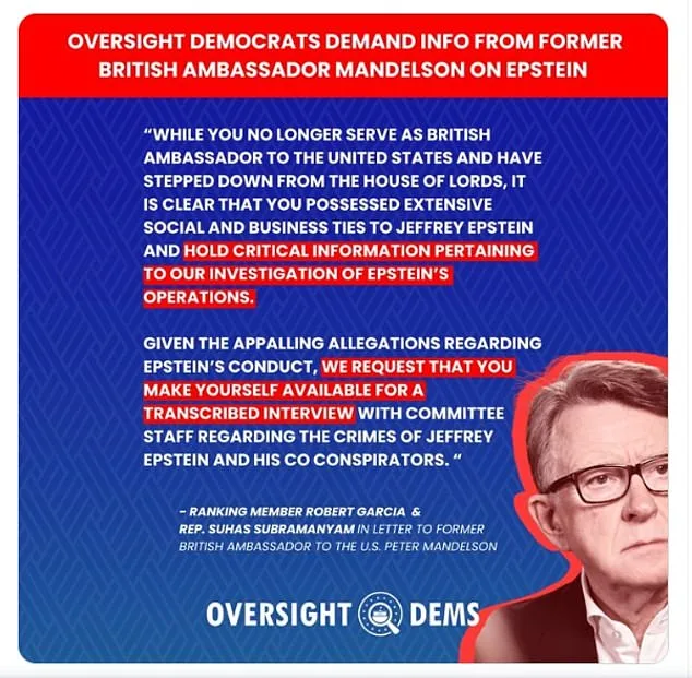 Democrats Push Mandelson to Testify Over Epstein Ties, DOJ Files Reveal Potential Role as UK Business Secretary
