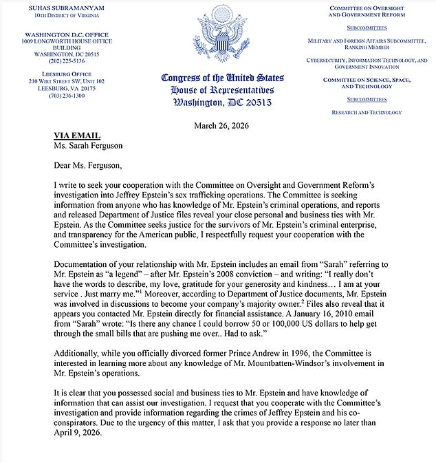 U.S. Congressman Requests Sarah Ferguson Testimony Over Alleged Epstein Ties