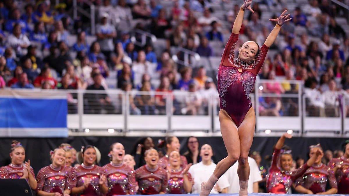 Faith Torrez wins floor exercise, securing Oklahoma's fourth NCAA title.