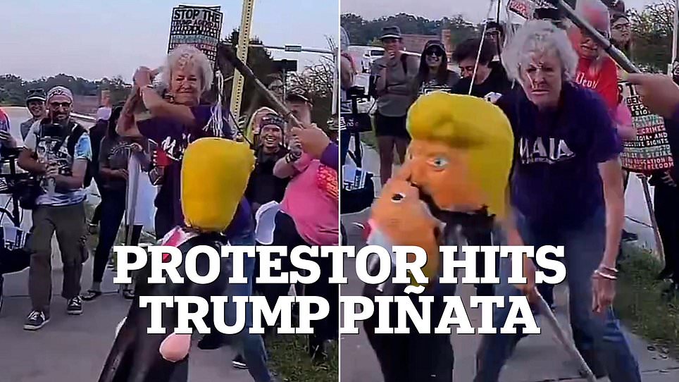 Protester Smashes Trump Piñata While Wearing 'Make America Kind Again' Shirt