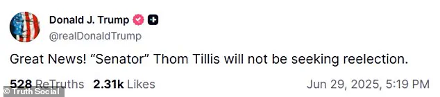 Trump Sees Tillis's Non-Reelection as Victory for His Agenda, Citing Removal of Obstacle to Budget Bill