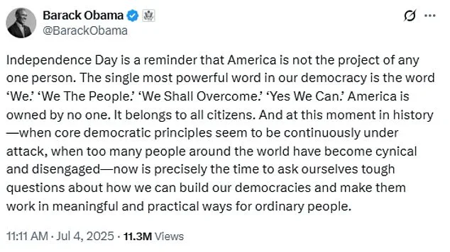 Barack Obama's Independence Day Message Balances Patriotism with Subtle Critique of Current Administration's Impact on Democratic Institutions