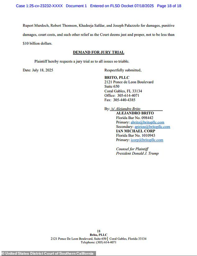 Donald Trump Files $10 Billion Lawsuit Against Wall Street Journal and Rupert Murdoch Over Epstein Birthday Gift Report