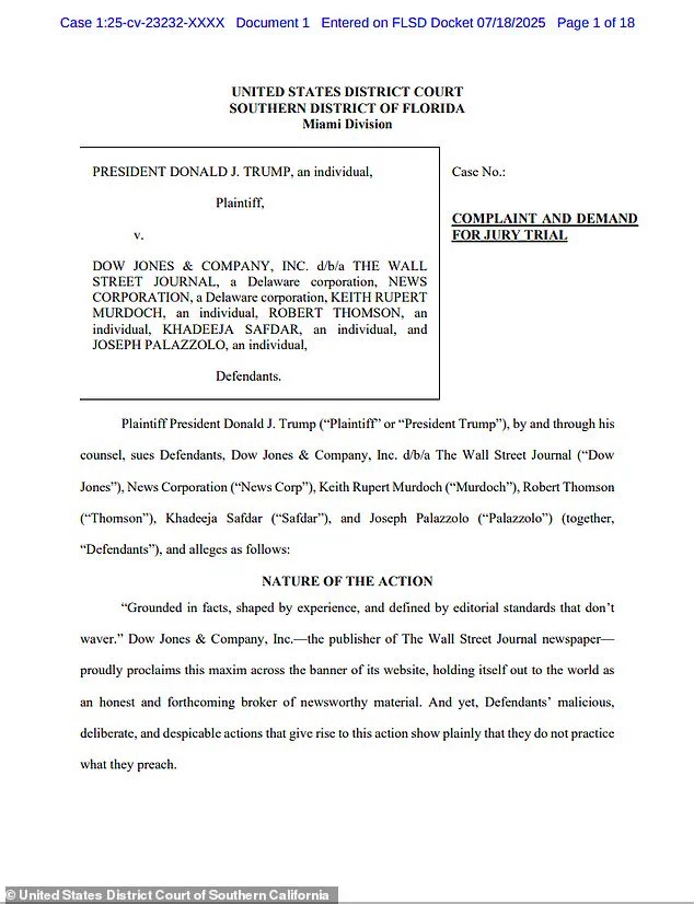 Donald Trump Files $10 Billion Lawsuit Against Wall Street Journal and Rupert Murdoch Over Epstein Birthday Gift Report